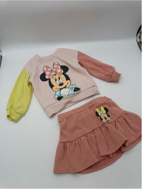 Girls Disney Matching Set 3T Pink Yellow Minnie Mouse Sweatshirt Skirt